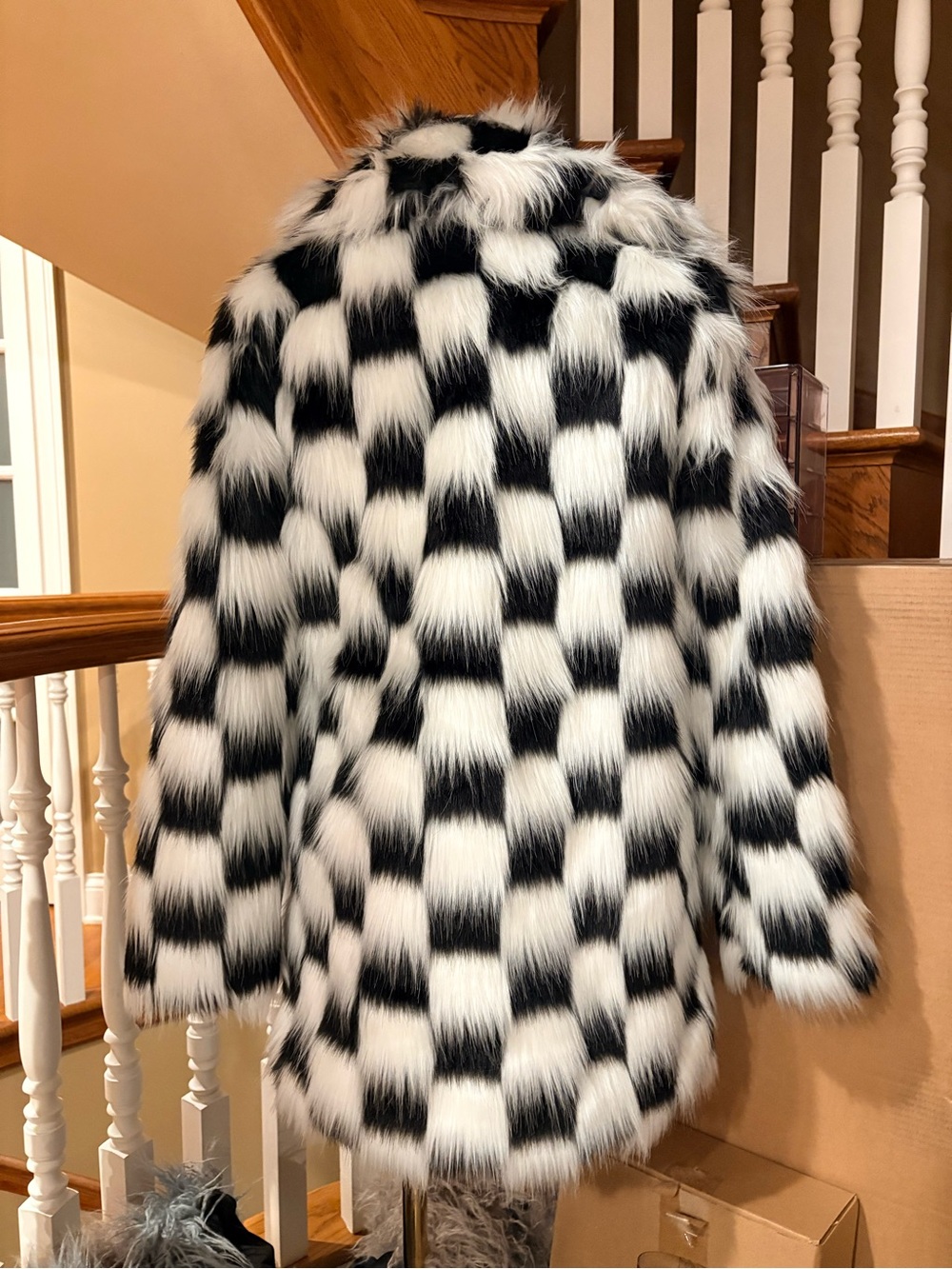 NWT Current Mood Oversized Long Checkered Recipe For Disaster Faux Fur Coat - Picture 5 of 6